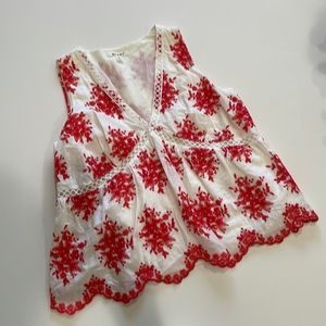 Sleeveless blouse, cream with red embroidery